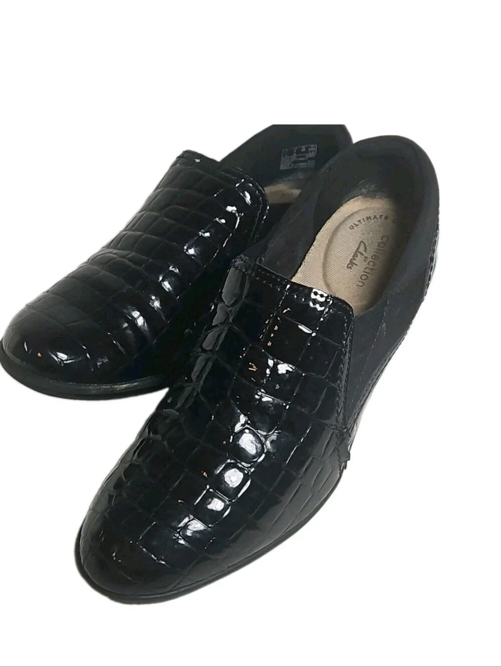 Clarks Women Size 8 M Black Croc Patent Leather Wedge SlipOn Loafer May Poppy[8A